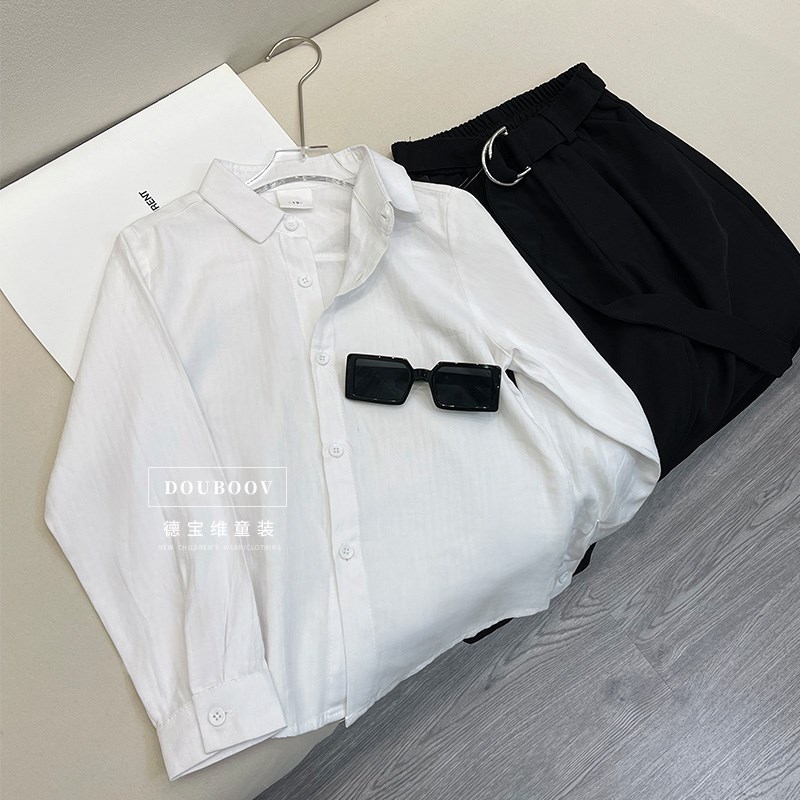 儿童长袖衬衫2024春季新款男童设计感白色衬衫高级宽松慵懒衬衣潮