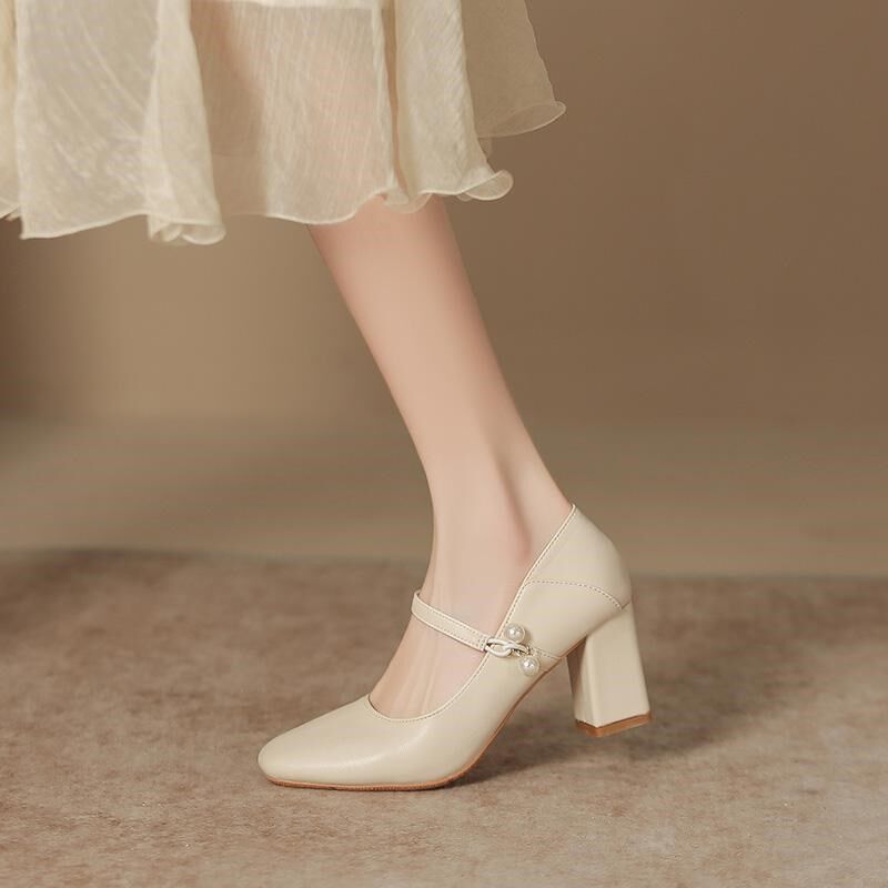 大码高跟a鞋女粗跟宽胖脚珍珠单鞋通勤工作鞋不累脚小码鞋313233