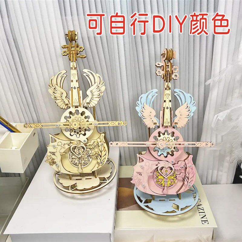 天使蝴蝶大提琴h八音盒积木质拼图diy手工制作礼物送女友朋友同事