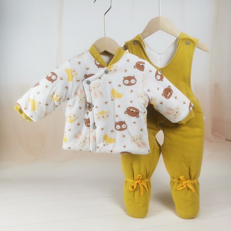 婴儿棉衣包脚棉裤套装宝宝手工水洗棉花棉袄背带连脚棉裤两件套冬