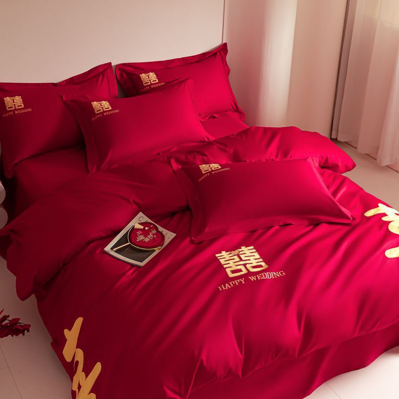 2024新款13372纯棉刺绣婚庆绣花四件套1.5m床单款四件套喜气洋洋
