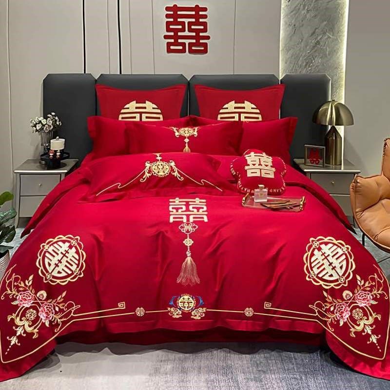 刺绣喜四件套结婚床单被大被单婚礼婚房被套红色婚庆红色