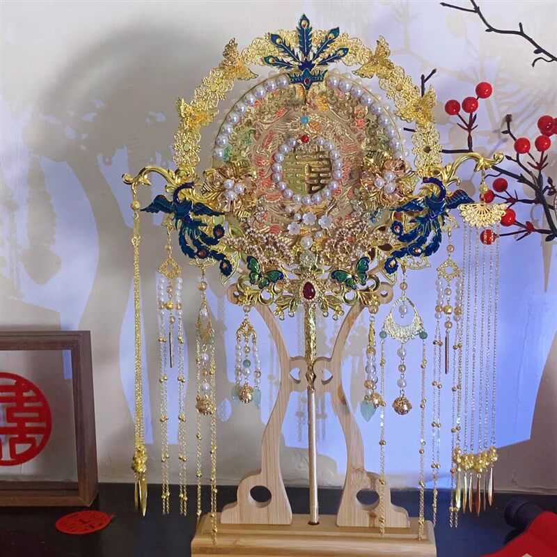 新娘手捧花重工团扇diy材料包结婚礼高级出嫁喜扇手工中式香槟色