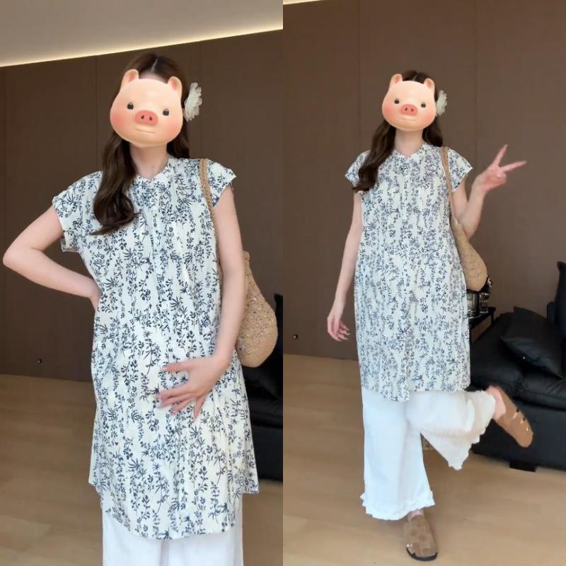 夏季设计感孕妇i装2025新款碎花百搭中长款衬衫宽松花边长裤两件