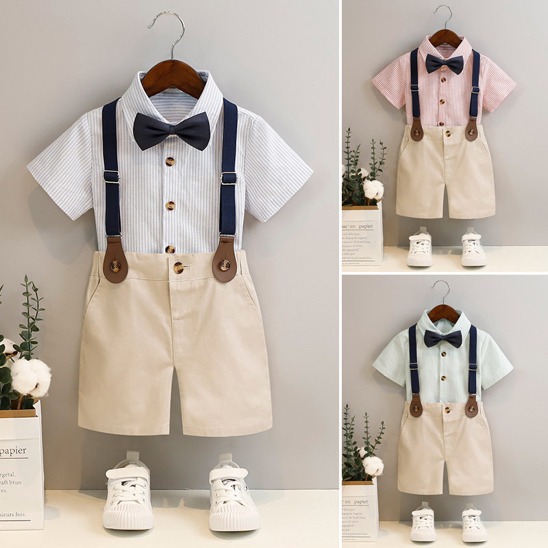 儿童春夏男童条纹背带裤两件套宝宝周岁生日礼服短袖短裤T恤套装