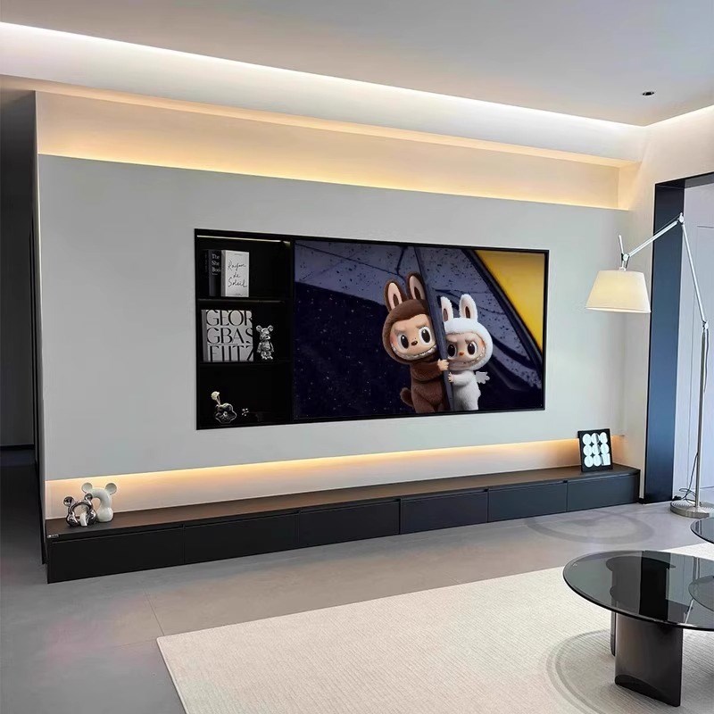 2025年新款奶油风岩板客厅悬空电视背景墙侘寂风哑光素色悬浮地台