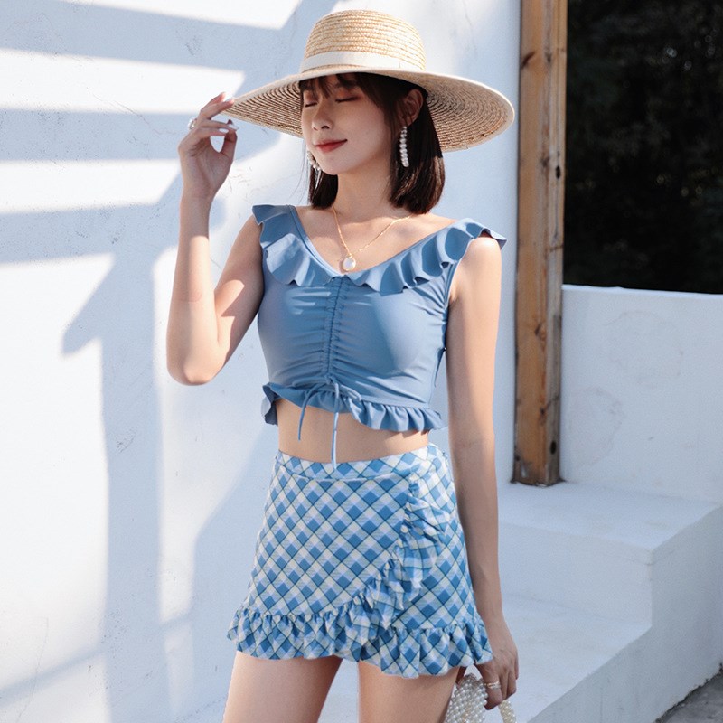 小清新女士分体泳衣裙式荷叶边学生少女泳装女保守温泉游泳衣