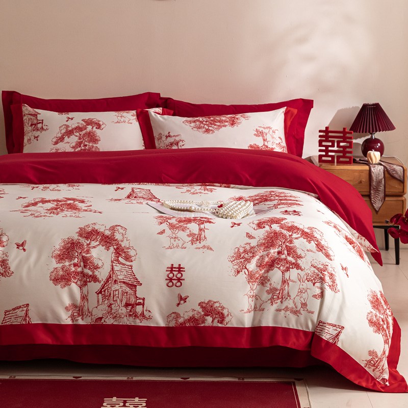 现代100支结婚四件套婚庆红色被套新婚喜被床单床上用品4