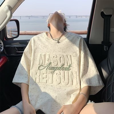 特大码300斤夏季短袖男款宽松钢印五分袖衣服青少年美式半袖体恤2