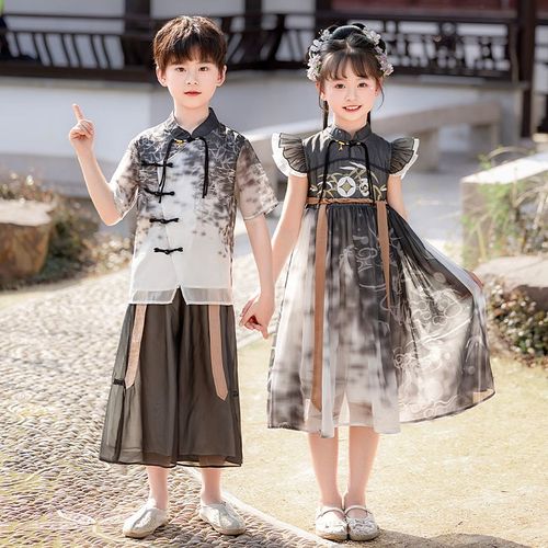 男女童汉服夏2025新款中国风新中式兄妹唐装连衣裙套装短袖水墨