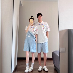 美式 多巴胺情侣装 套装 减龄背带裤 涂鸦卡通印花男女T恤 夏奶蓝工装