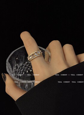 韩系轻奢小众镶钻戒指女秋冬款气质个性食指戒可开口调节百搭指环