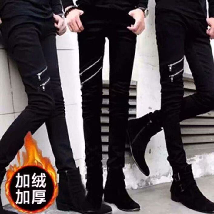 2020新款秋冬季韩版新款潮男黑色拉链修身牛仔裤弹力铅笔小脚长裤