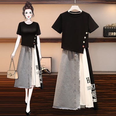 微胖女生穿搭大码女装胖妹妹夏新款套装洋气减龄显瘦两件套连衣裙