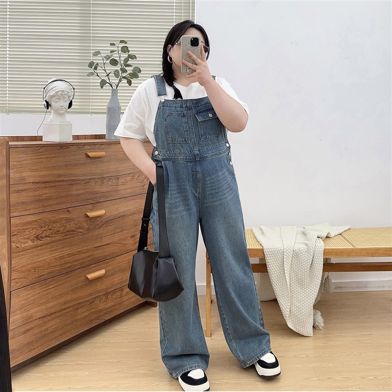 宛宛大码女装复古港风牛仔背带裤春季穿搭裤子胖MM遮垮显瘦长裤女
