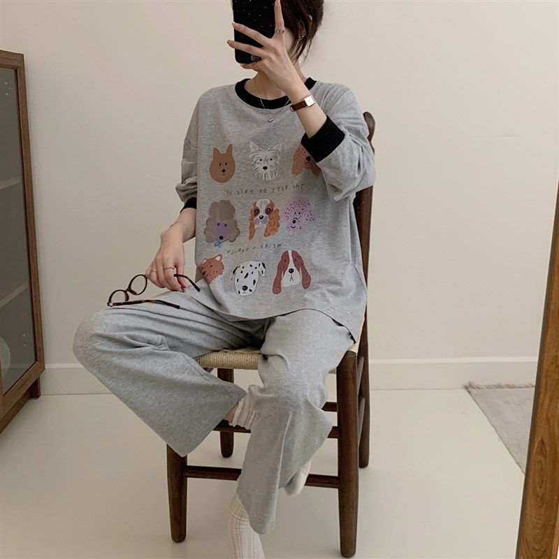 卡通可爱狗狗纯棉睡衣女春秋长袖长裤套装宽松S休闲可外穿家居服