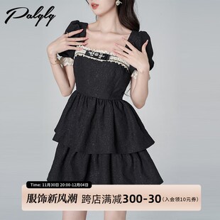 赫本风泡泡袖 连衣裙女夏季 蓬蓬a字公主裙子 黑色方领收腰短袖 法式