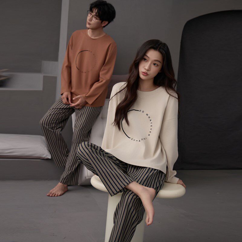 情侣睡衣秋季纯棉长袖春款女士简约休闲男士条纹青少年家居服套装