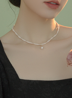 午后酒会法式复古珍珠项链女轻奢小众双层锁骨链2024新款毛衣链女