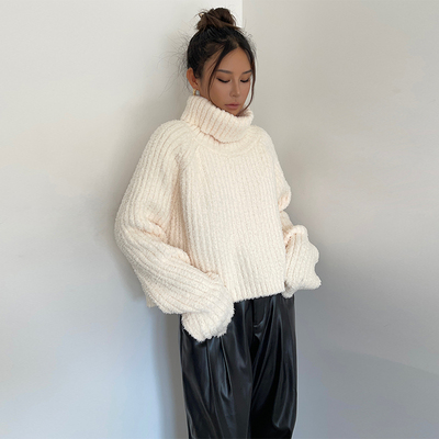 慵懒风可露肩高领毛衣女秋冬加厚短款高级感显瘦百搭黑色针织上衣