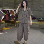 上衣宽松显瘦哈伦裤 2025年春夏季 两件套女 套装 女条纹短袖 新款 时尚