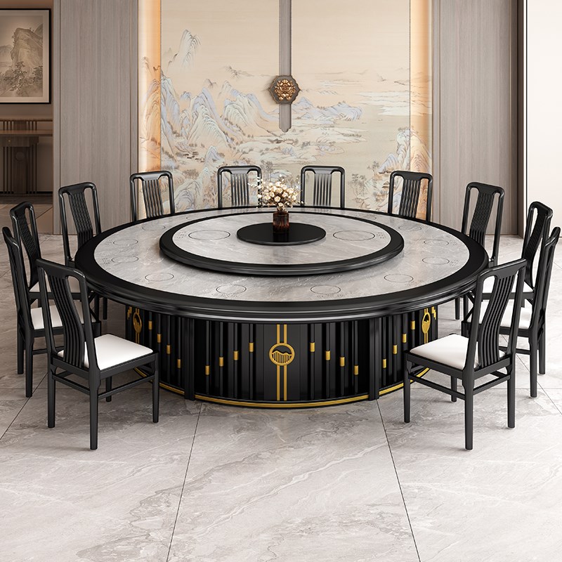 电动餐桌酒店大圆桌别墅火锅桌12人电磁炉带转盘新中式岩板实木桌