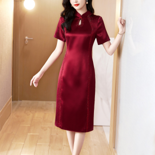 旗袍 高端气质高级感婚宴装 酒红醋酸晚礼服连衣裙女2025年夏季 新款