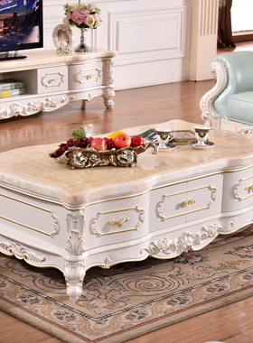 欧式储物茶几美式别墅客厅实木雕花大理石茶柜白色电视柜组合套装