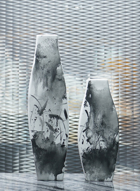 新中式水墨陶瓷花瓶摆件客厅台面插花花器售楼处酒店软装饰品摆设