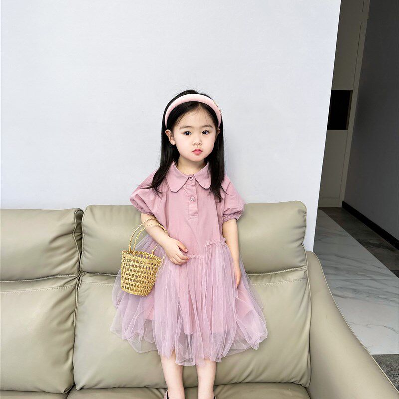 洋气新款夏装2-8岁女童连衣裙网纱裙宝宝公主裙纯色夏季短袖裙子