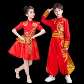 喜庆儿童现代演出服女腰鼓打鼓舞灯笼舞蹈服装 中国风民族快板新款