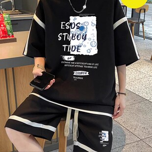 休闲运动套装男港版宽松款短袖t恤学生加大码五分半袖短裤两件套