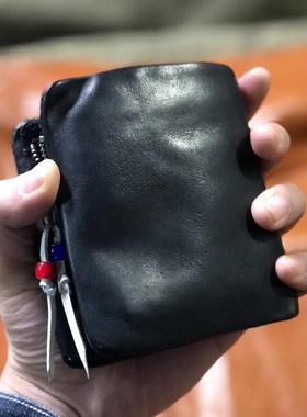 男生潮手工钱包男短款竖款复古褶皱牛皮男士简约钱夹拉链软皮青年