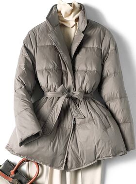 西装领羽绒服女宽松加厚中款外套加肥加大码系腰带小个子150冬天