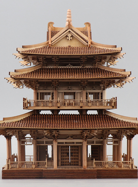 新中式创意木质古建筑摆件书房办公室招财摆设进门玄关软装饰品