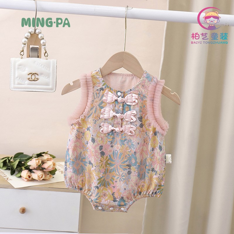 柏艺-婴儿衣服夏装无袖连体衣女宝宝中国风满月百日新中式包屁衣