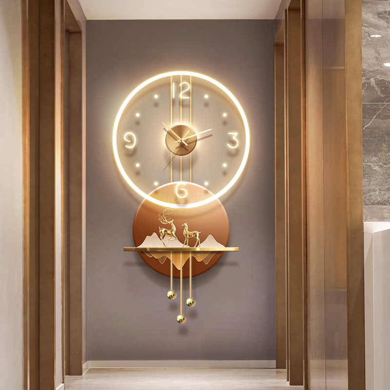 led玄关装饰画带时钟走廊尽头立体发光壁画现代轻奢过道钟表挂画