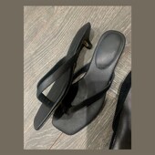 简约小众夹脚真皮人字拖鞋 女小猫跟半拖鞋 中跟凉鞋 羊皮版 凉拖鞋