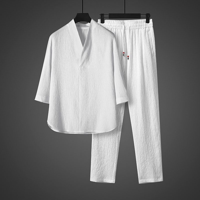 春夏中国风男装套装汉服领中式休闲茶服唐装复古宽松大码半袖禅服