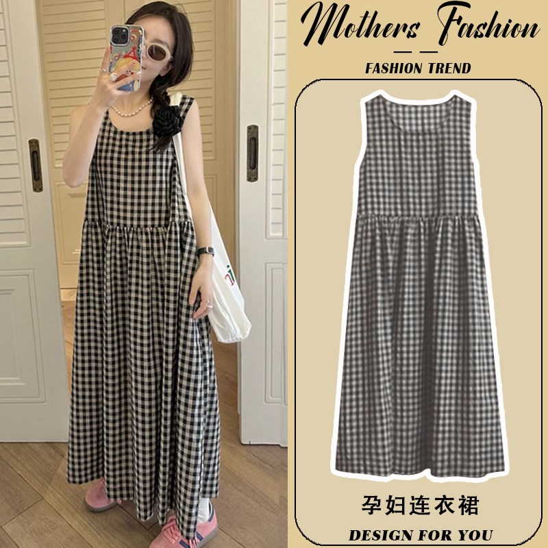 孕妇连衣裙夏季2025新款法式格子甜美温柔风宽松遮肚显瘦无袖长款