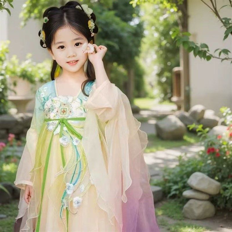 汉服女童春秋2025古风春季超仙长袖小女孩古装连衣裙刺绣破裙渐变