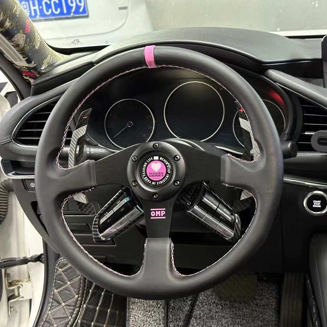 汽车改装真皮方向盘JDM个性13寸14寸运动少女粉快拆OMP模拟器钛盘