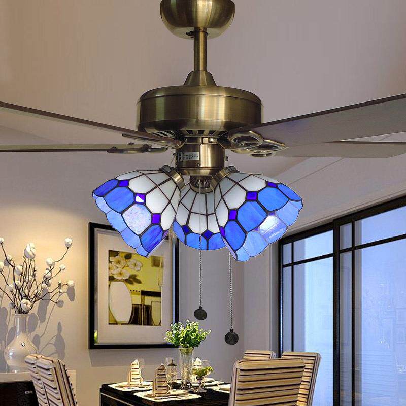 吊扇灯地中海风格蒂凡尼吊灯带电风扇家用客厅餐厅卧室玻璃灯具