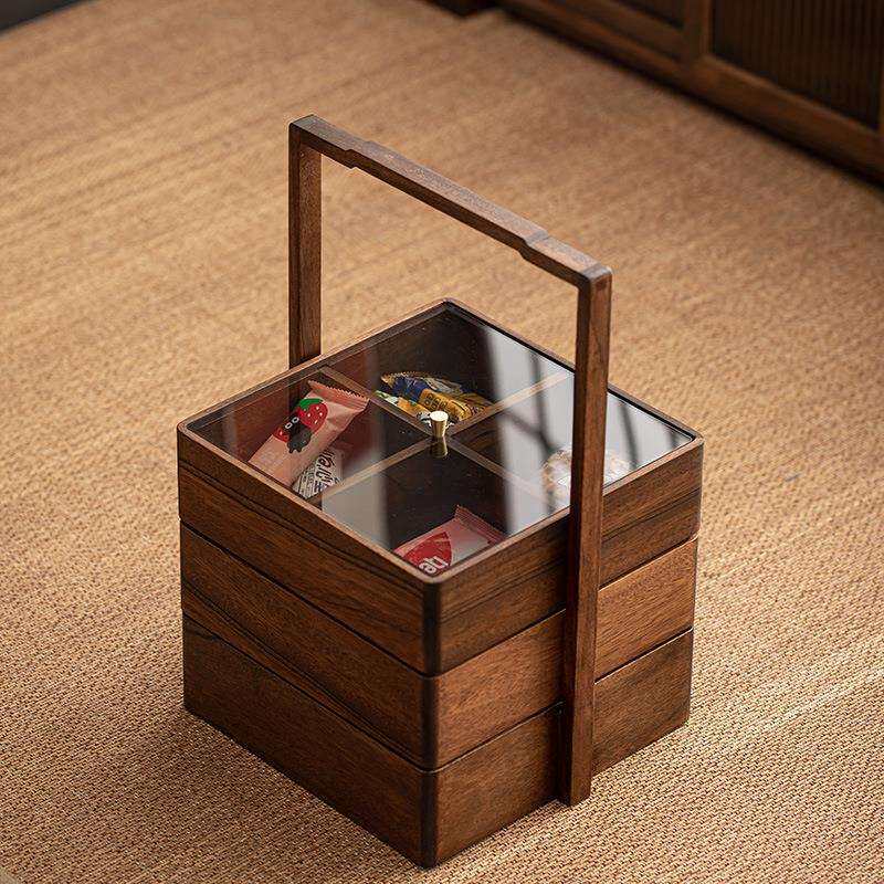 新中式胡桃木坚果盘携式户外糕点糖果收纳食盒轻奢木质提盒茶盒