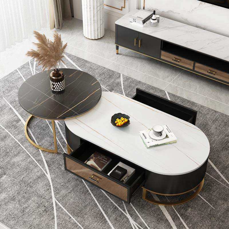 轻奢岩板茶几电视柜组合简约现代椭圆形茶几客厅家用小户型视听柜