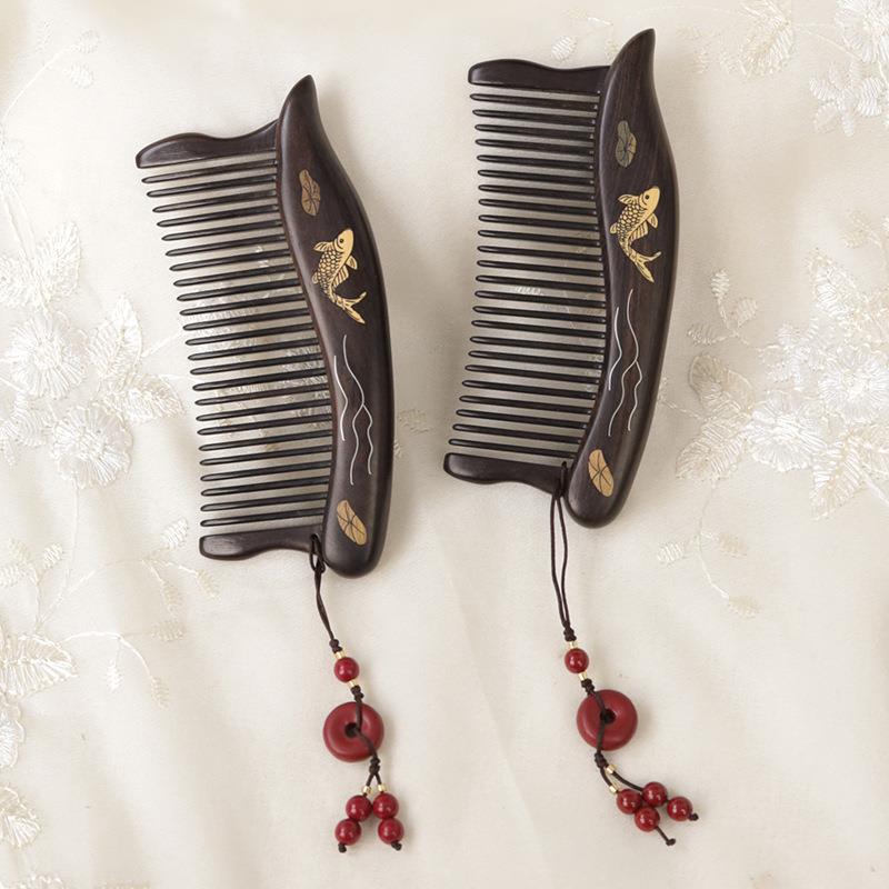 紫光檀木梳百宝嵌锦鲤中式细齿梳子乌木密齿按摩梳实木古风梳女生