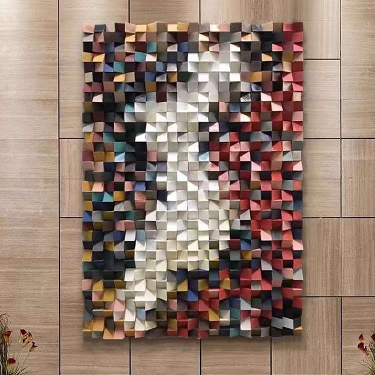 高端马赛克实木头手工装置画立体客厅装饰画餐厅壁画玄关挂画图片