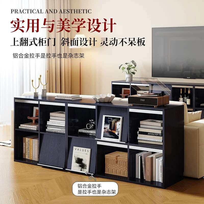北欧实木八格柜上翻门格子柜客厅黑色书柜储物柜一体靠墙家用柜子