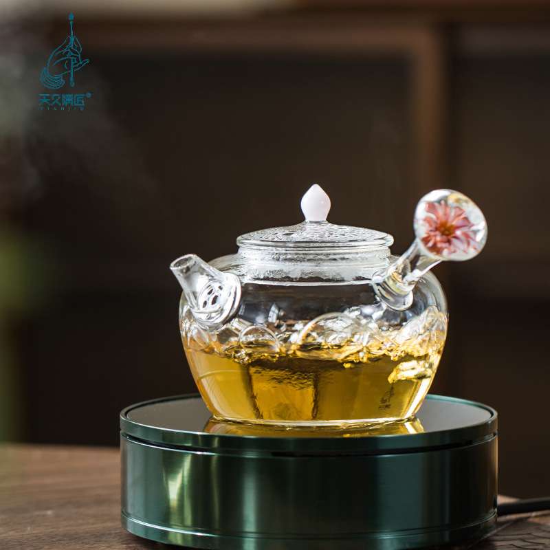 天久璃匠日式横侧把玻璃泡茶壶带过滤网陈皮煮茶壶电陶炉煮沸水壶