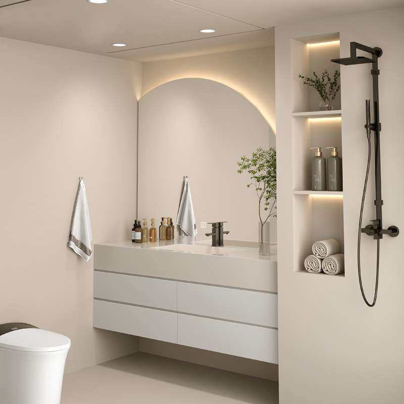 现代原木岩板一体盆浴室柜原木色组合无缝盆卫生间洗手洗脸洗漱台